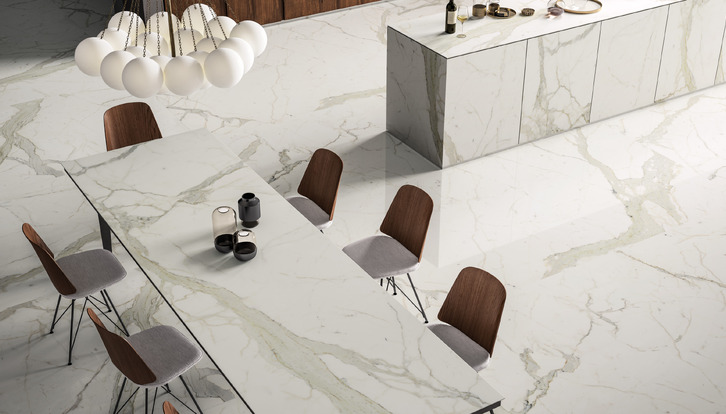 top cucina gres porcellanato effetto marmo Calacatta per isola, piano di lavoro e tavolo